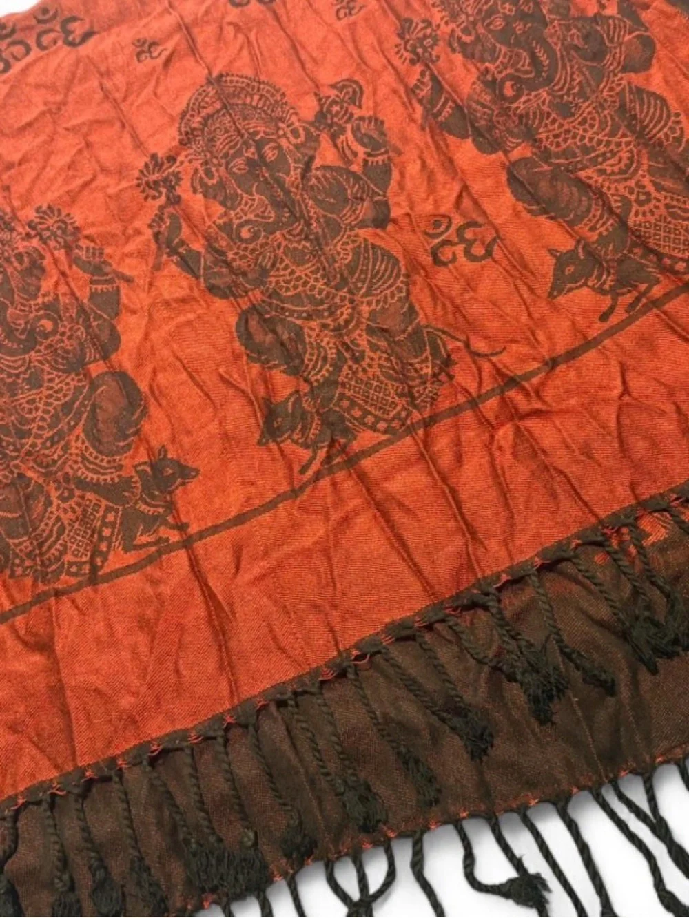 Brown & Orange Decorative Fringe Scarf with Ganesha Motif